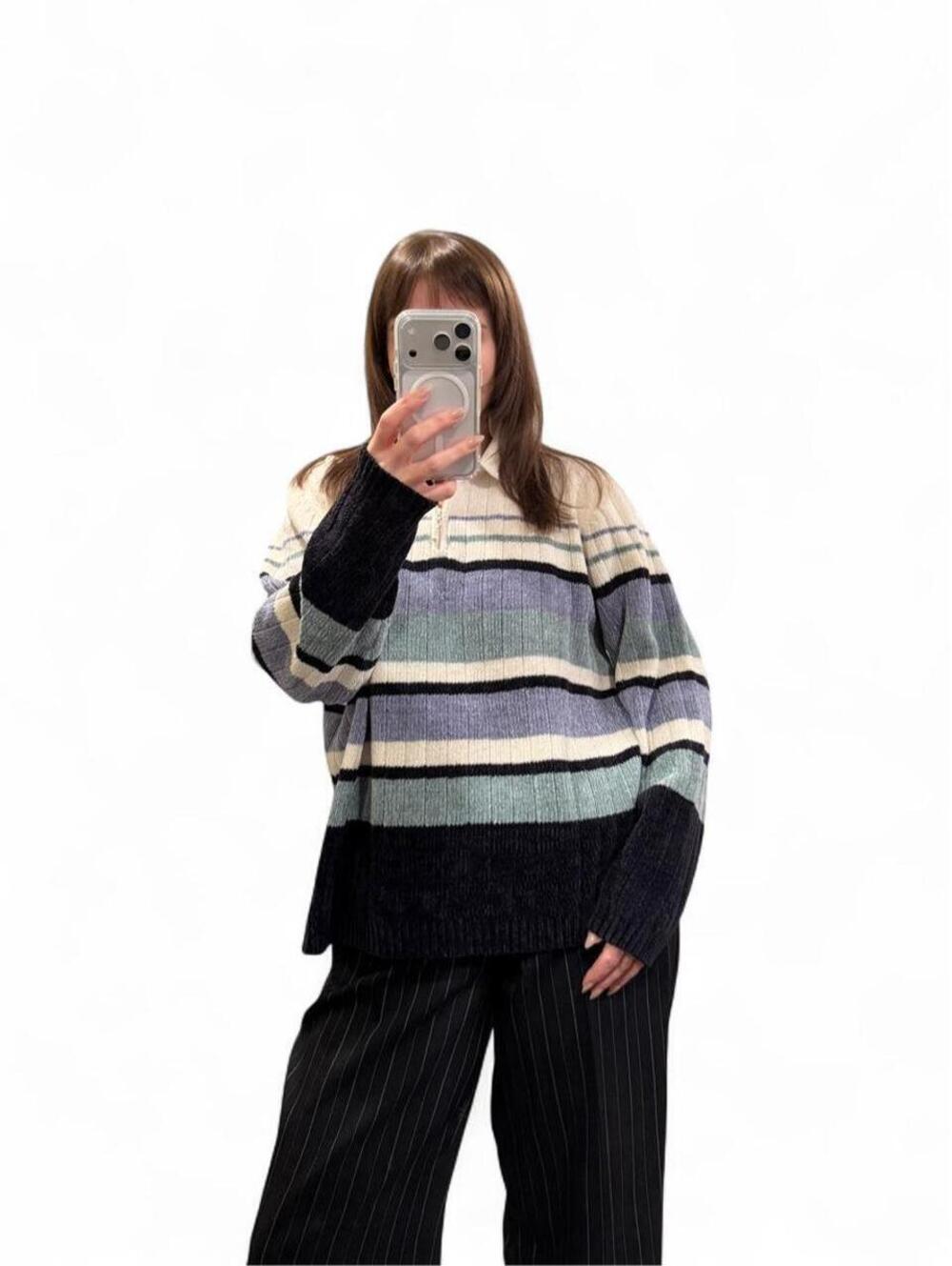 Vintage Striped Quarter Zip Sweater Large